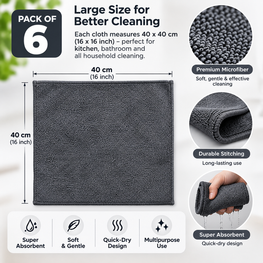 Cotton Balls Microfiber Kitchen Towels – Grey (Pack of 6, 40 × 40 cm)