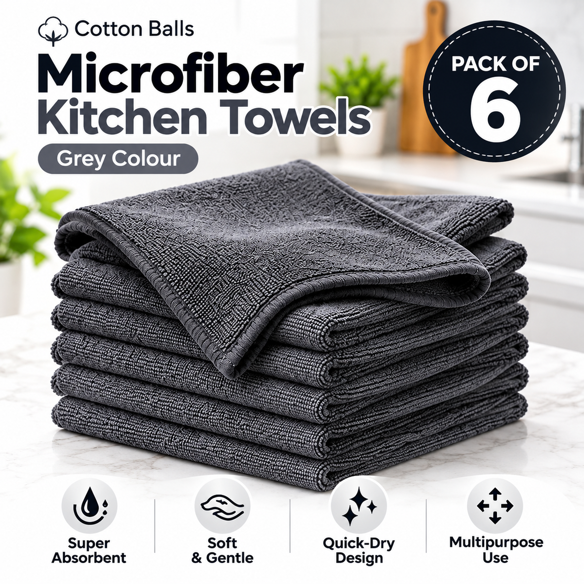 Cotton Balls Microfiber Kitchen Towels – Grey (Pack of 6, 40 × 40 cm)