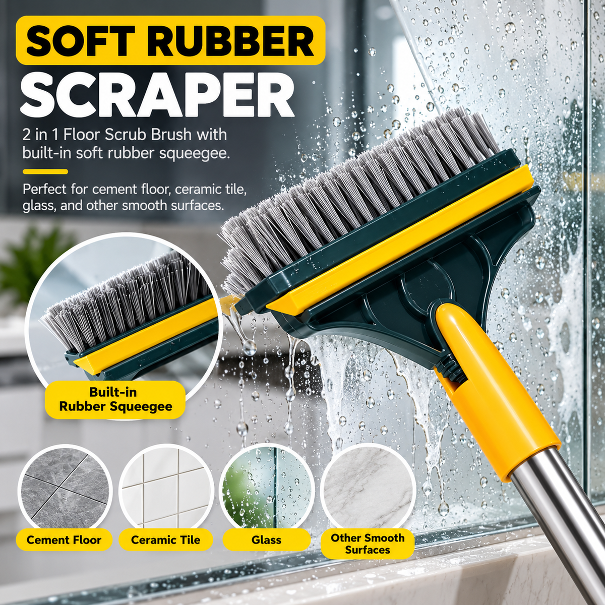 2-in-1 Floor Cleaning Brush with Long Handle – 120° Rotating Bathroom Tile Scrubber