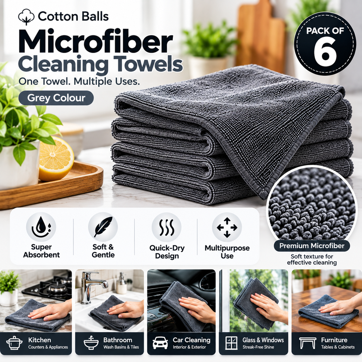 Cotton Balls Microfiber Kitchen Towels – Grey (Pack of 6, 40 × 40 cm)