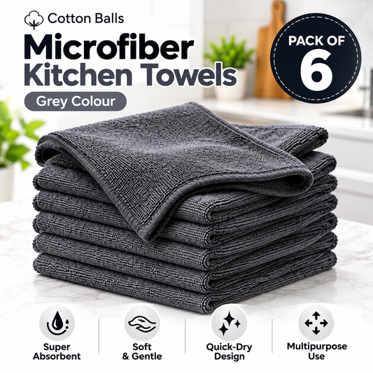 Cotton Balls Microfiber Kitchen Towels – Grey (Pack of 6, 40 × 40 cm)