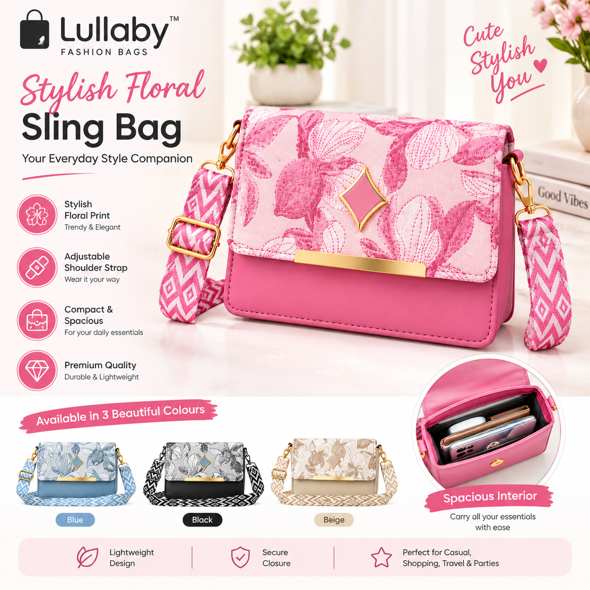 Women's Floral Sling Bag – Stylish Printed Crossbody Handbag with Adjustable Strap