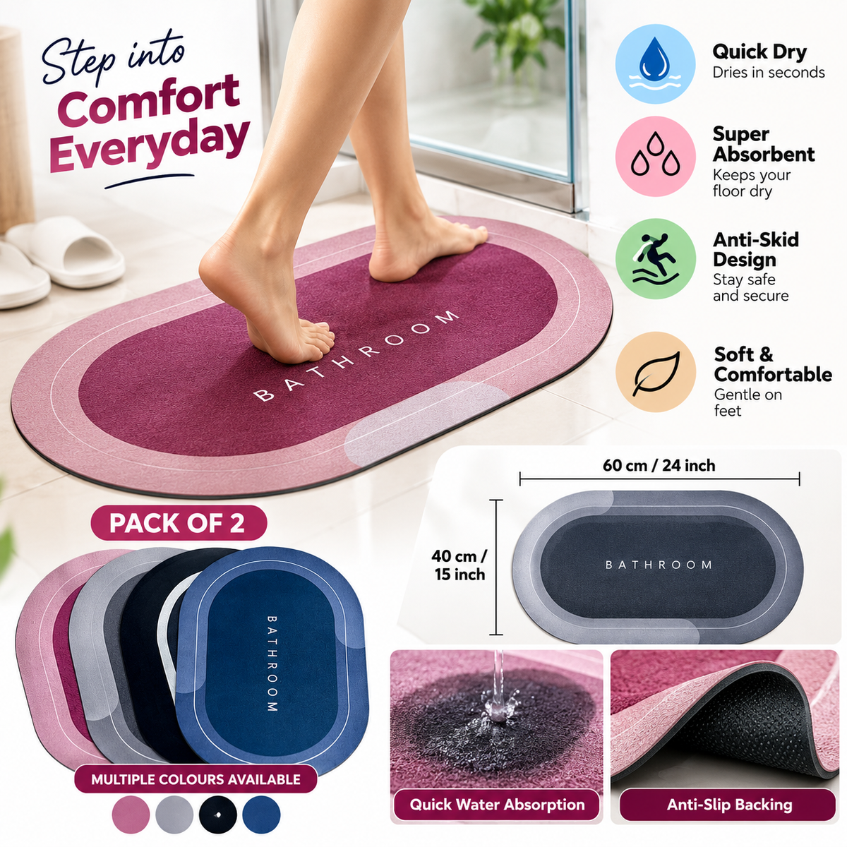 Super Absorbent Bath Mat Set of 2 – Quick Dry Anti-Skid Bathroom Rugs 60 × 40 cm
