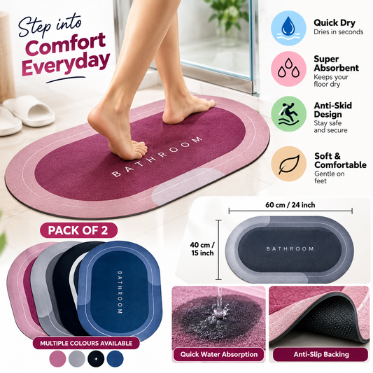 Super Absorbent Bath Mat Set of 2 – Quick Dry Anti-Skid Bathroom Rugs 60 × 40 cm
