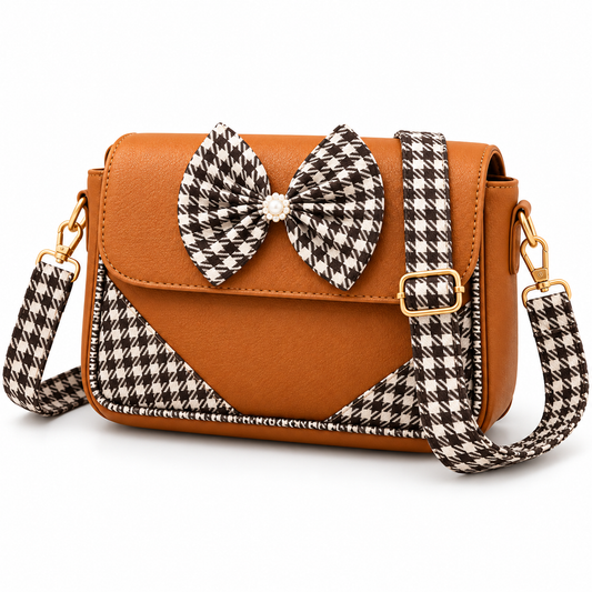 Women’s Bow Sling Bag | Stylish Houndstooth Crossbody Handbag