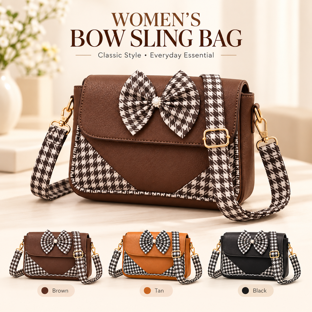 Women’s Bow Sling Bag | Stylish Houndstooth Crossbody Handbag