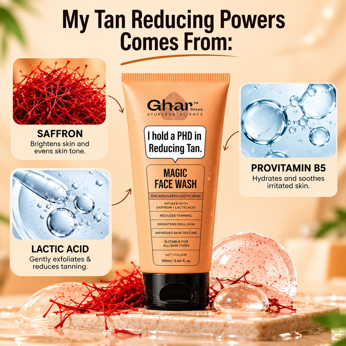 Ghar Soaps De-Tan Face Wash | For Tan Reducing, Brightening & Glowing Skin | With Saffron, Provitamin B5, & Lactic Acid | For All Skin Types (100ml x 1 Pack)
