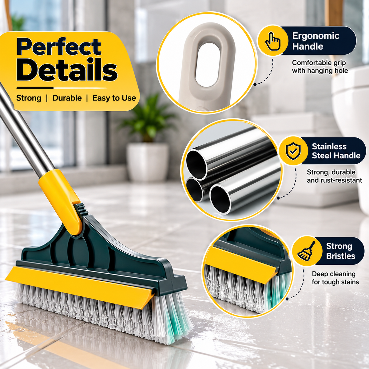 2-in-1 Floor Cleaning Brush with Long Handle – 120° Rotating Bathroom Tile Scrubber