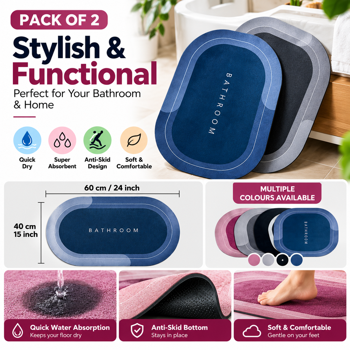 Super Absorbent Bath Mat Set of 2 – Quick Dry Anti-Skid Bathroom Rugs 60 × 40 cm