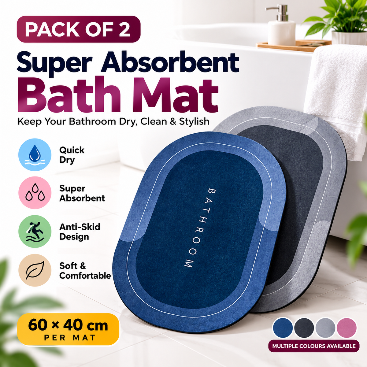 Super Absorbent Bath Mat Set of 2 – Quick Dry Anti-Skid Bathroom Rugs 60 × 40 cm