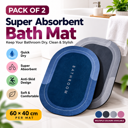 Super Absorbent Bath Mat Set of 2 – Quick Dry Anti-Skid Bathroom Rugs 60 × 40 cm