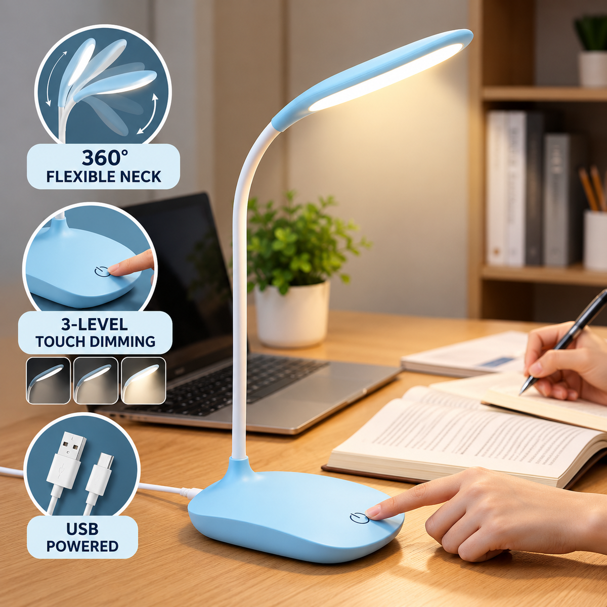 Minimal Aesthetic LED Desk Lamp – Touch Control USB Flexible Study Light
