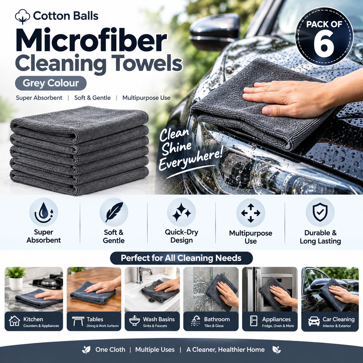 Cotton Balls Microfiber Kitchen Towels – Grey (Pack of 6, 40 × 40 cm)