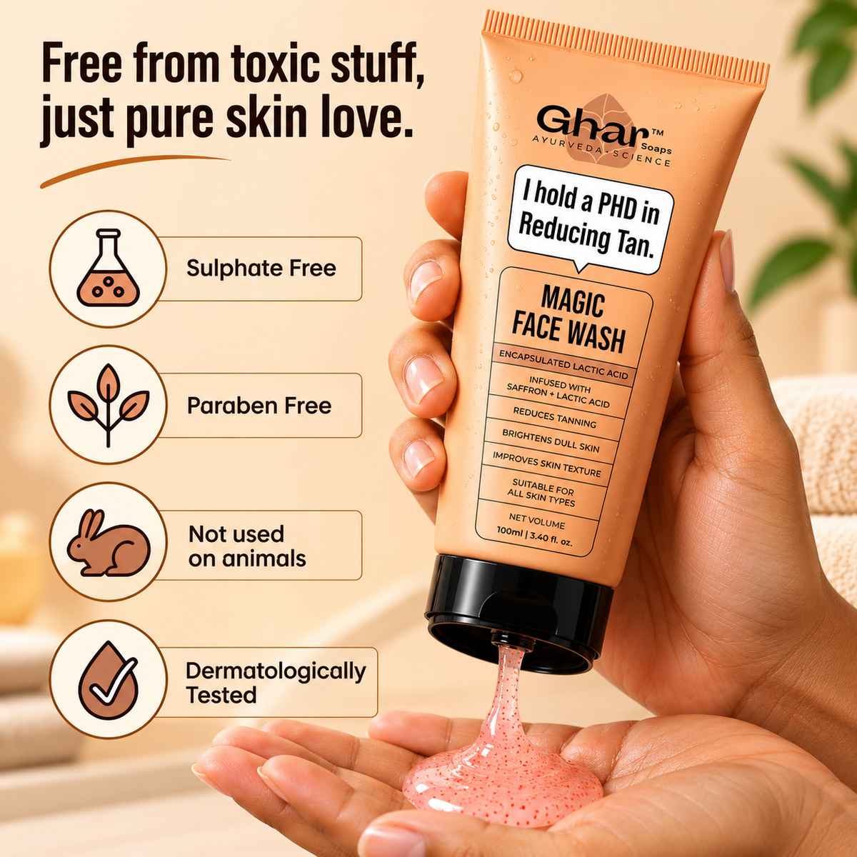 Ghar Soaps De-Tan Face Wash | For Tan Reducing, Brightening & Glowing Skin | With Saffron, Provitamin B5, & Lactic Acid | For All Skin Types (100ml x 1 Pack)